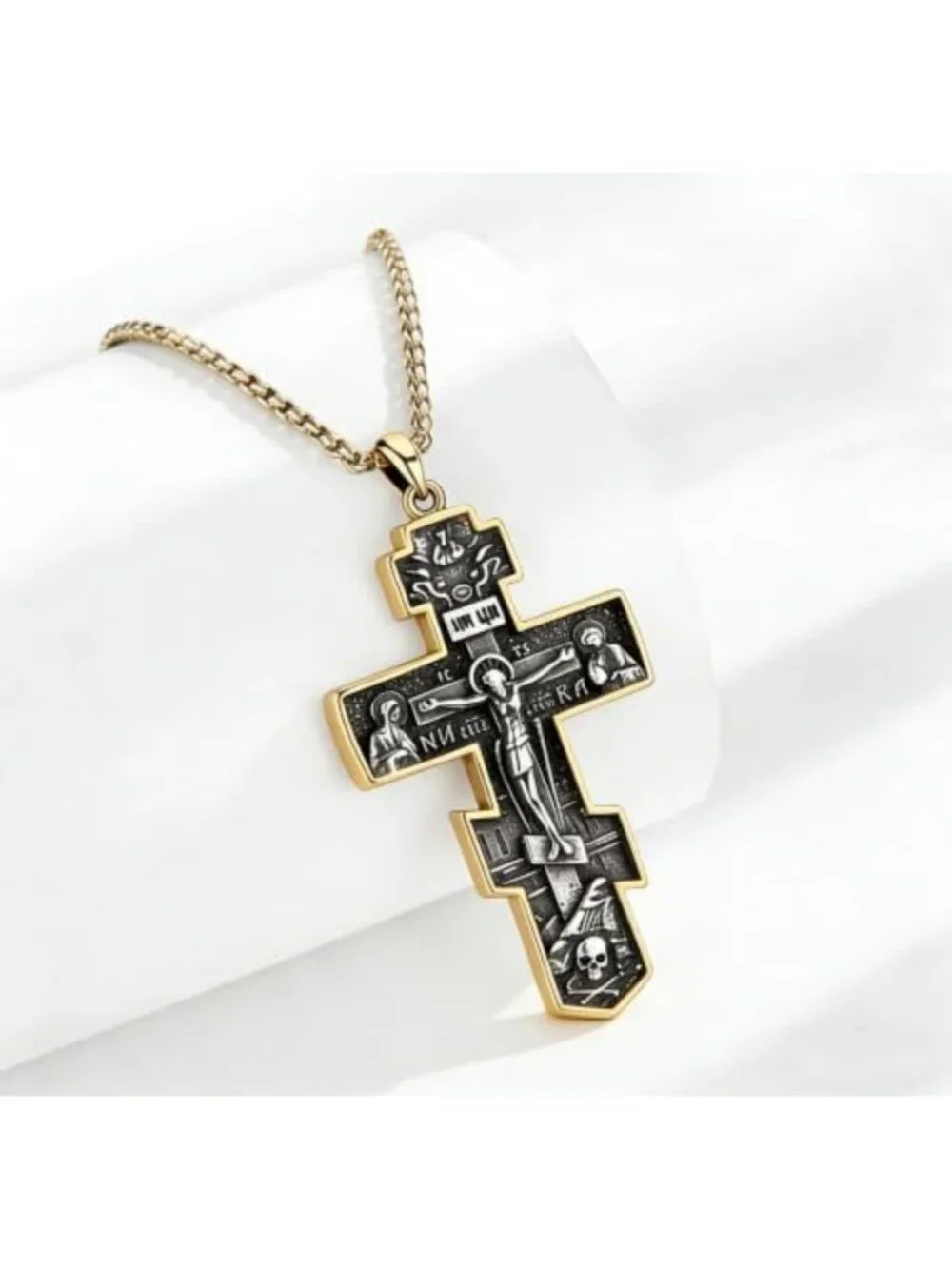 Men's Vintage Eastern Orthodox Cross Necklace, Double-Sided Jesus Pendant, 24
